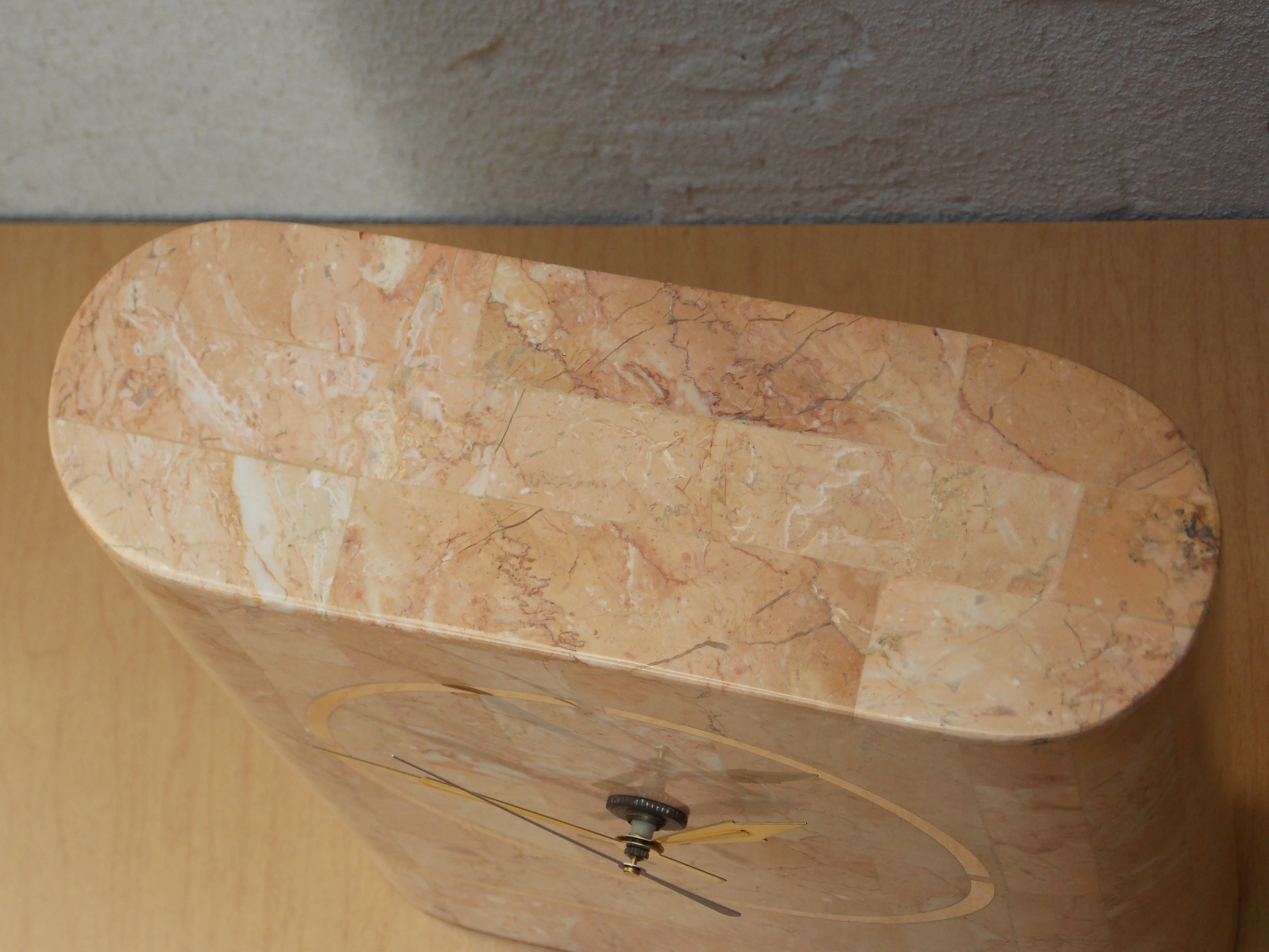 Heavy Pink 1980s Faux Marble Mantle Clock with Deco Details