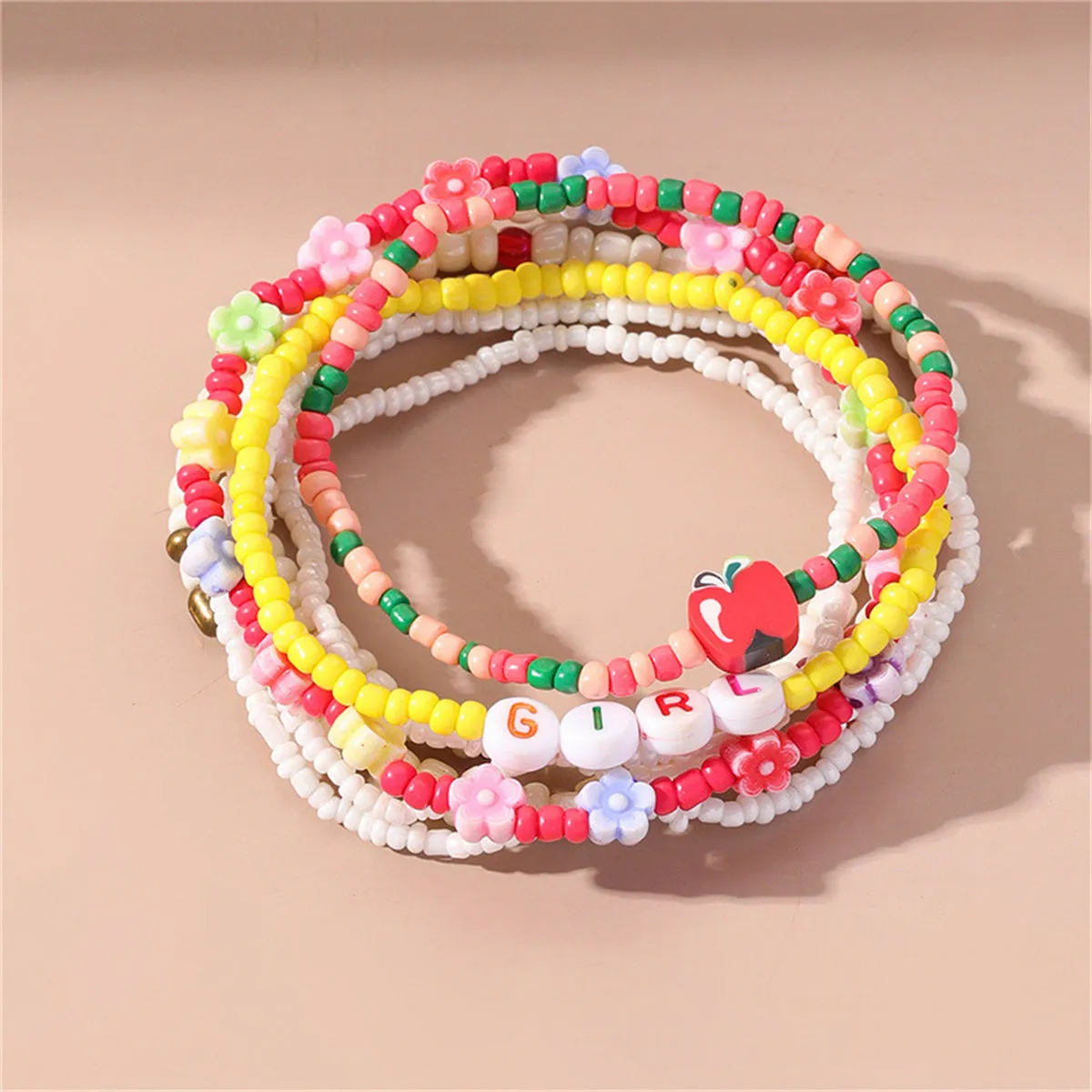 Howlite & Multicolor 'GIRL' Apple & Flower Stretch Bracelet Set
