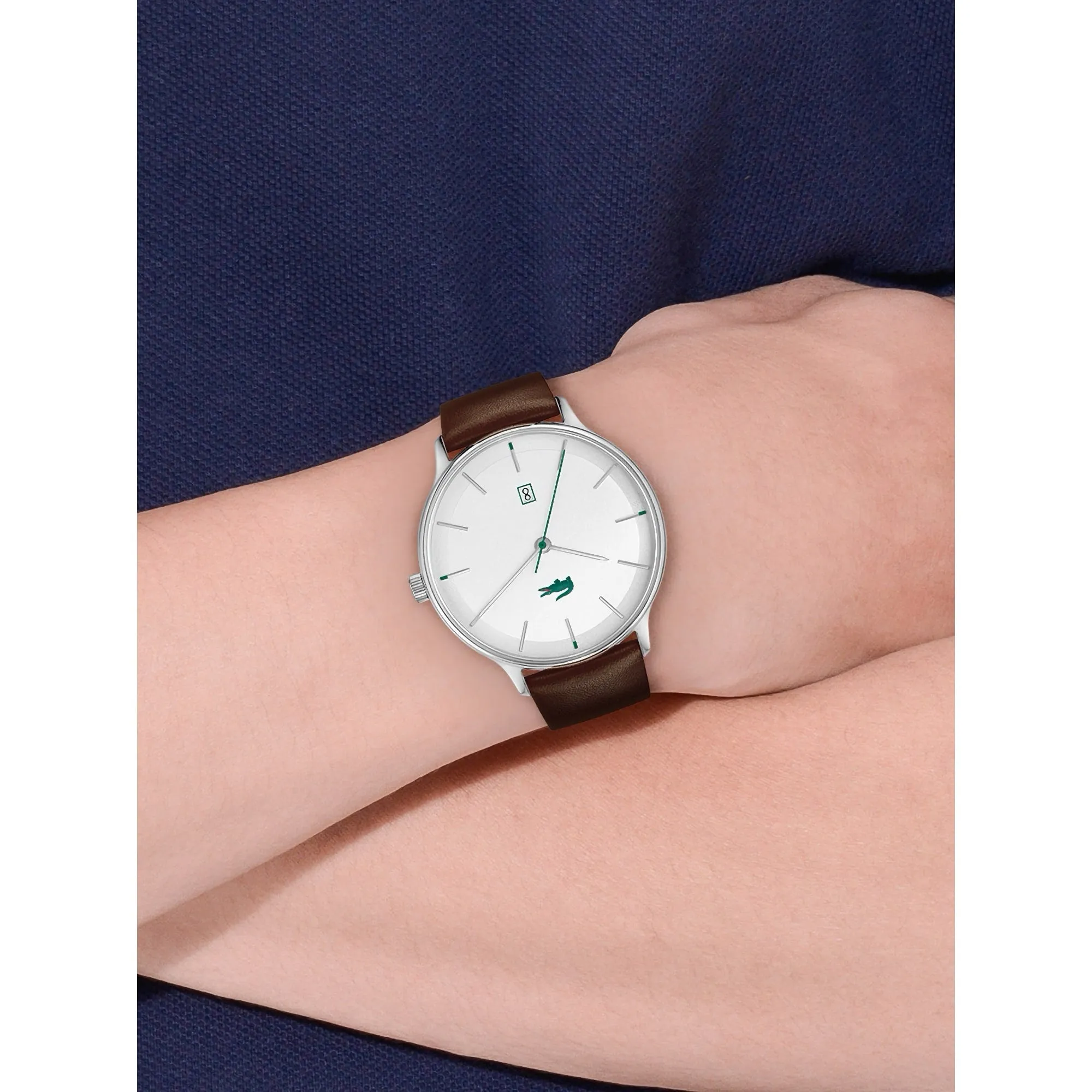 Lacoste Club White Date Dial Brown Leather Strap Men's Watch