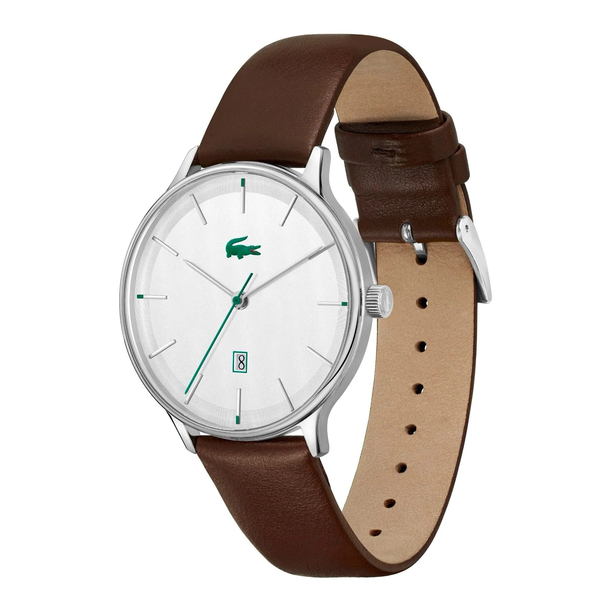 Lacoste Club White Date Dial Brown Leather Strap Men's Watch