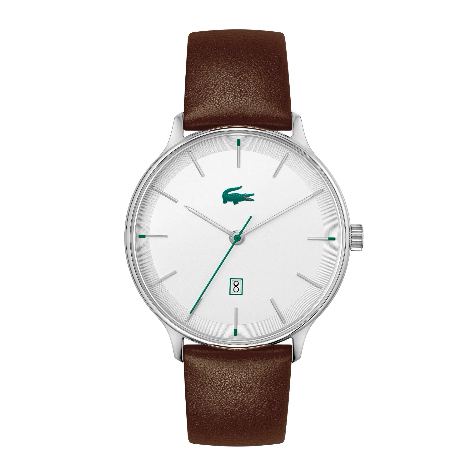 Lacoste Club White Date Dial Brown Leather Strap Men's Watch
