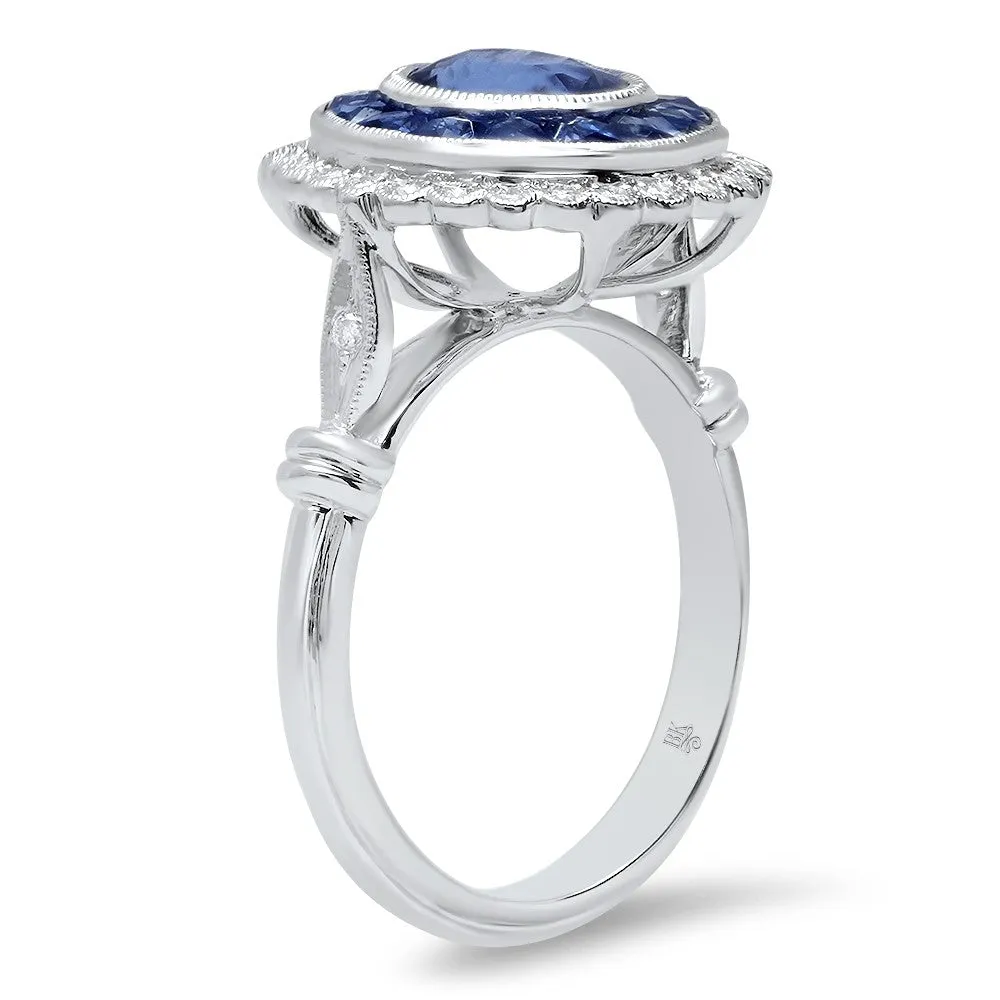 Ladies 18K White Gold Art Deco Diamond And Sapphire Ring