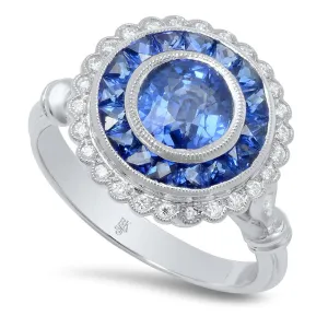 Ladies 18K White Gold Art Deco Diamond And Sapphire Ring