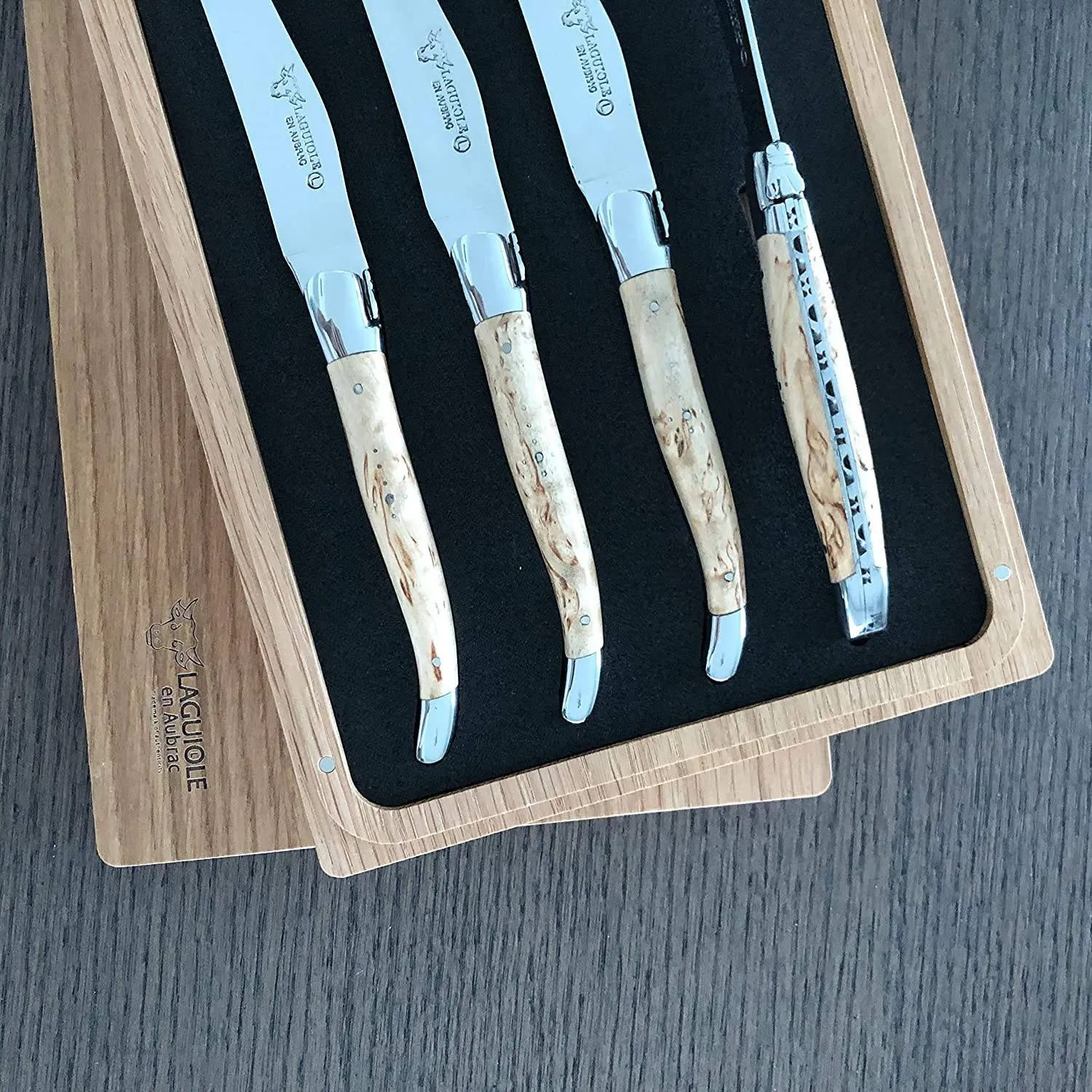 Laguiole en Aubrac Handcrafted 4-Piece Steak Knife Set with Birchwood Handles, Polished Bolster