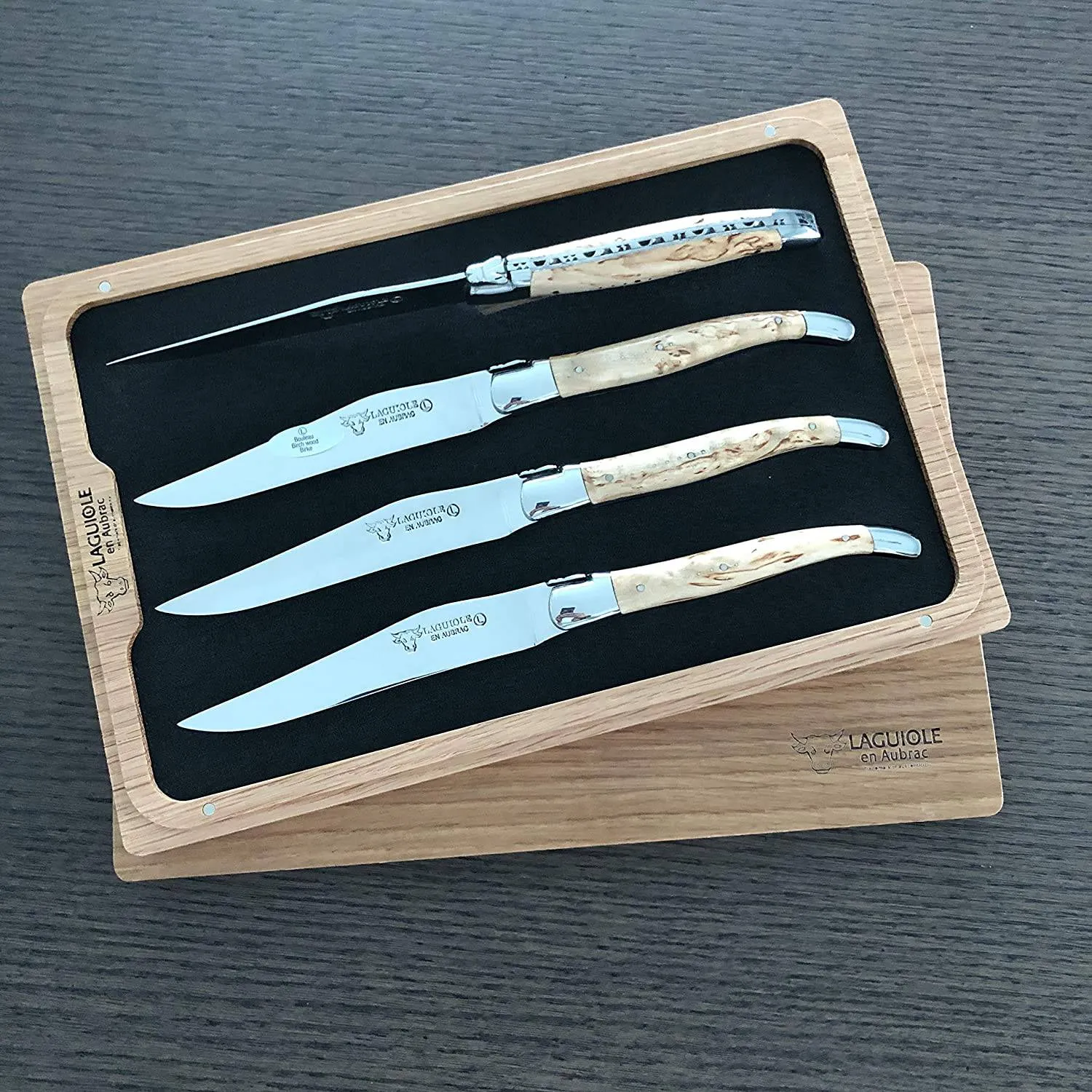 Laguiole en Aubrac Handcrafted 4-Piece Steak Knife Set with Birchwood Handles, Polished Bolster