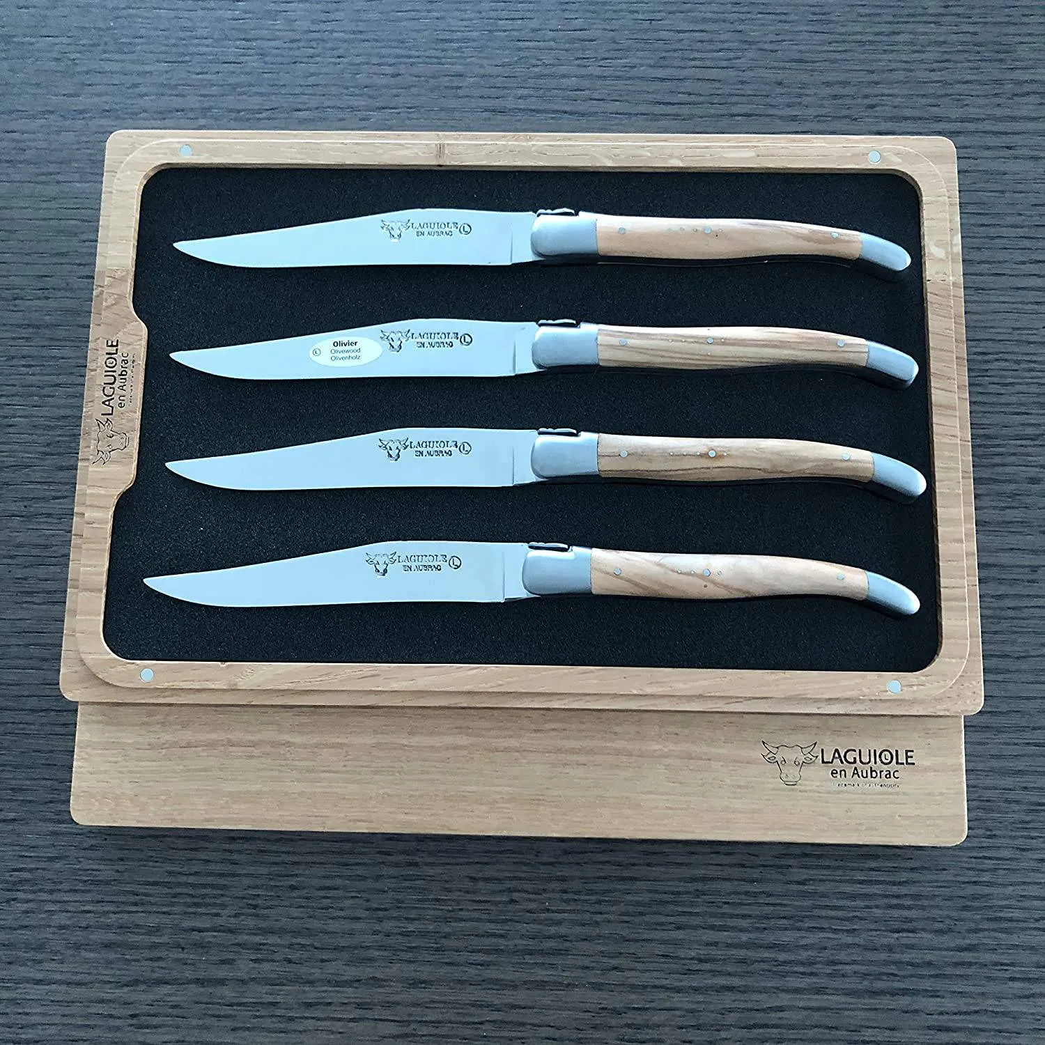 Laguiole en Aubrac Handcrafted 4-Piece Steak Knife Set with Olivewood Handles