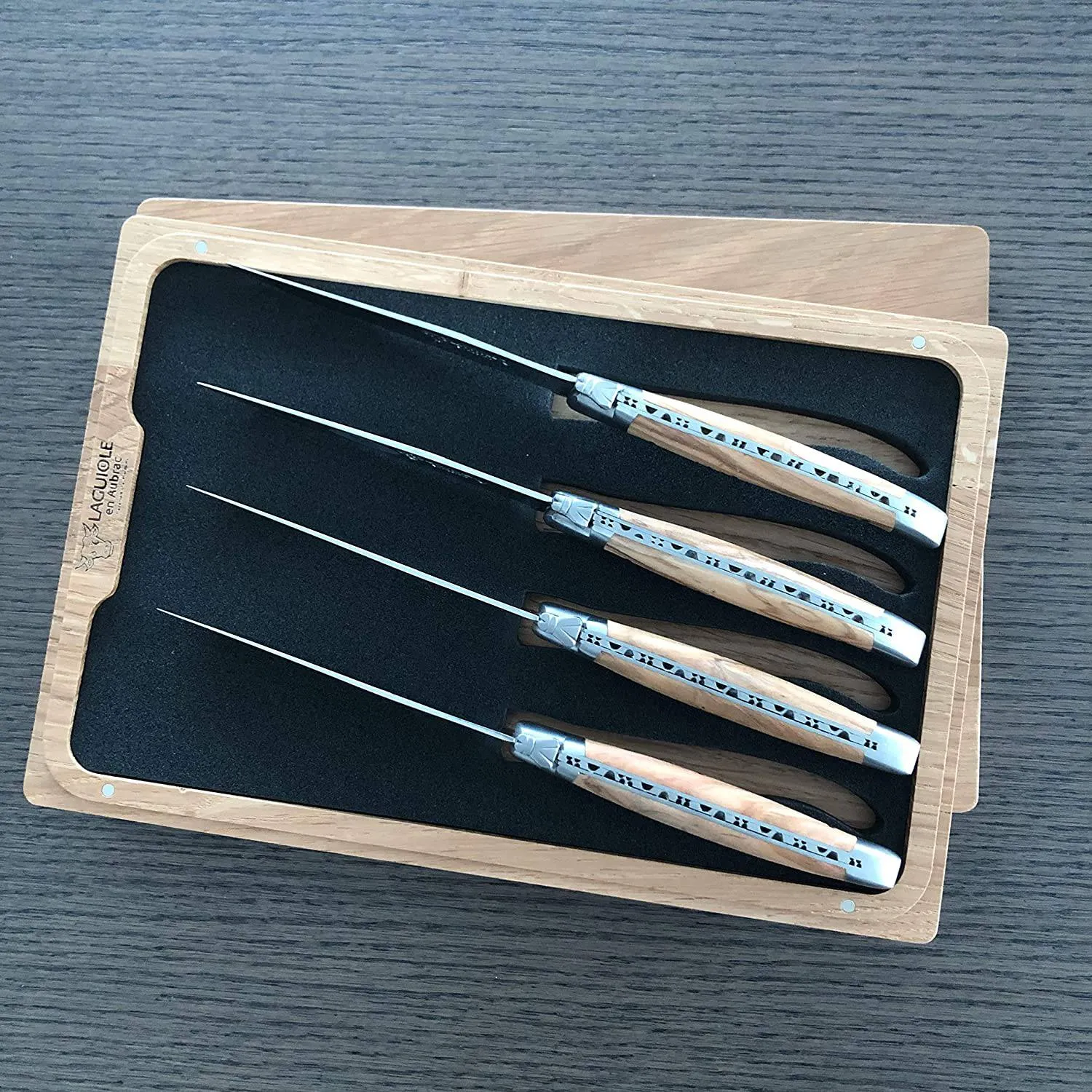 Laguiole en Aubrac Handcrafted 4-Piece Steak Knife Set with Olivewood Handles