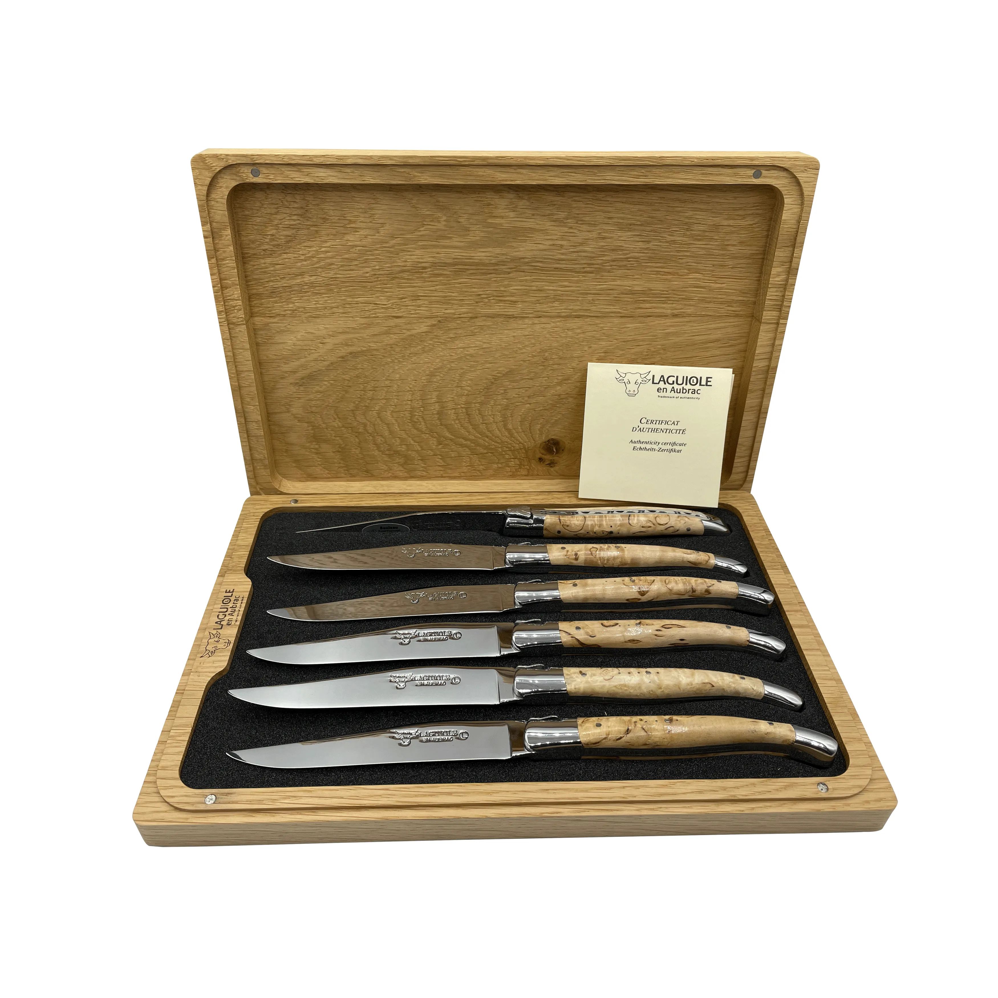 Laguiole en Aubrac Handcrafted 6-Piece Steak Knife Set with Birchwood Handles, Polished Bolsters