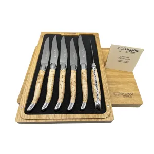 Laguiole en Aubrac Handcrafted 6-Piece Steak Knife Set with Birchwood Handles, Polished Bolsters