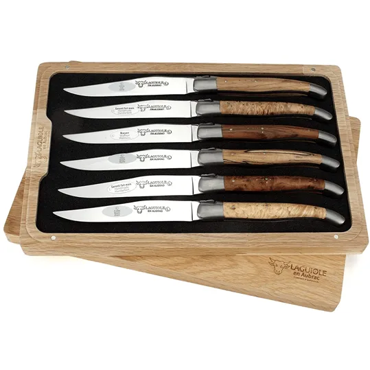 Laguiole en Aubrac Handcrafted 6-Piece Steak Knife Set with Mixed European Wood Handles