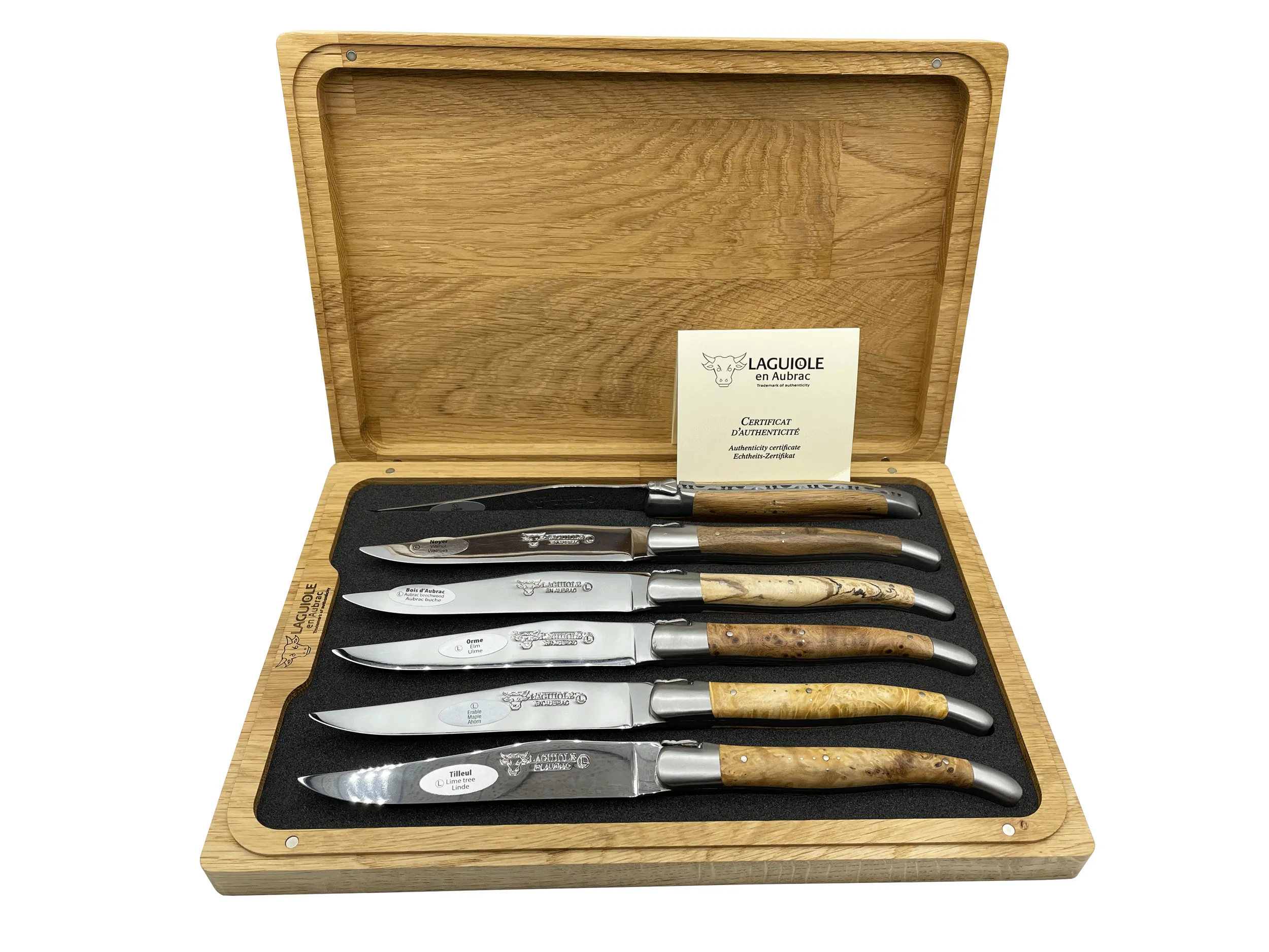 Laguiole en Aubrac Handcrafted 6-Piece Steak Knife Set with Mixed European Wood Handles