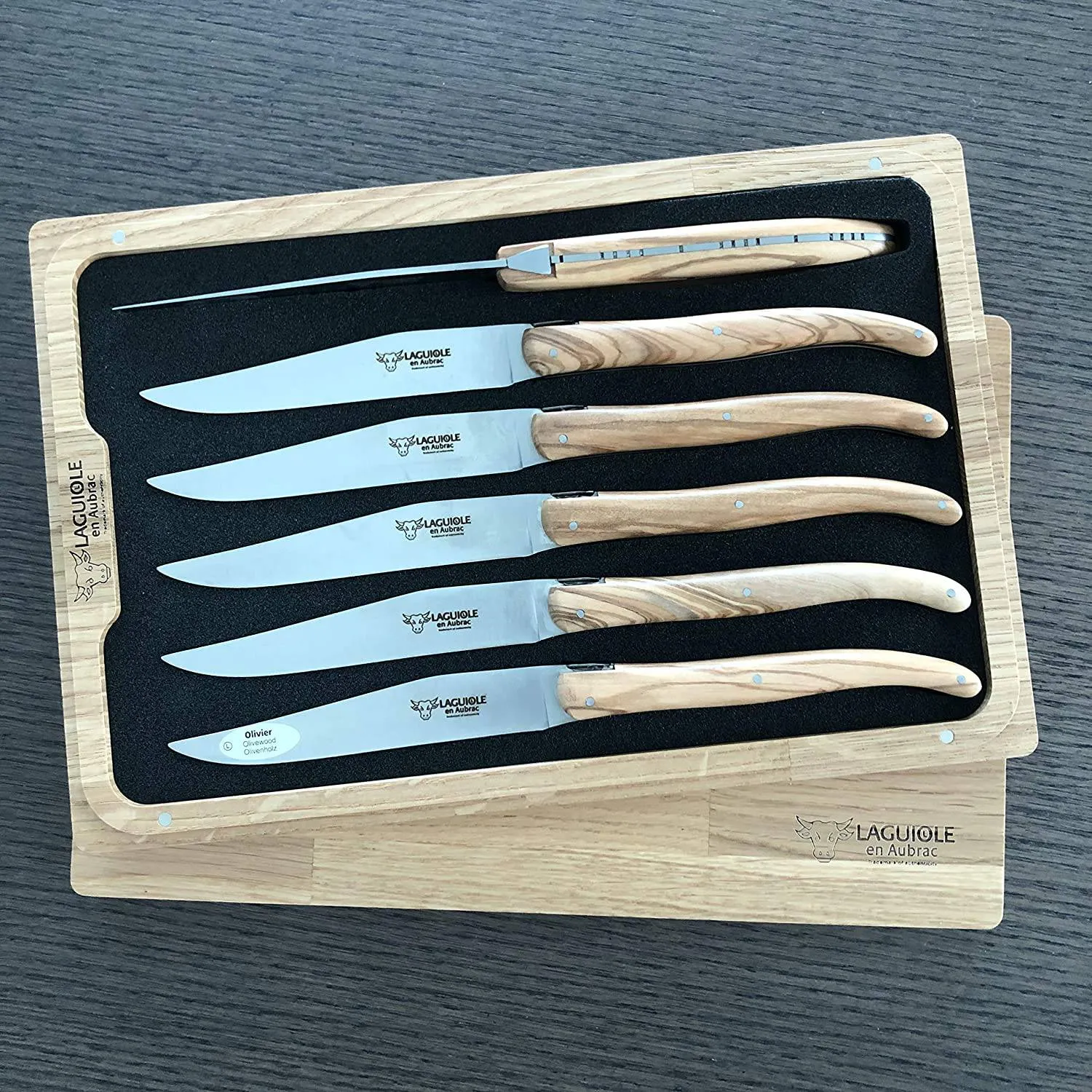 Laguiole en Aubrac Handcrafted 6-Piece Steak Knife Set with Olivewood Handles