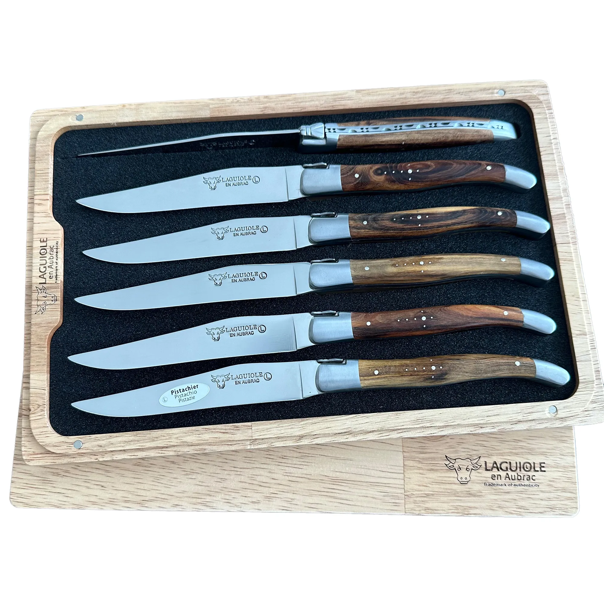 Laguiole en Aubrac Handcrafted 6-Piece Steak Knife Set with Pistachio Wood Handles