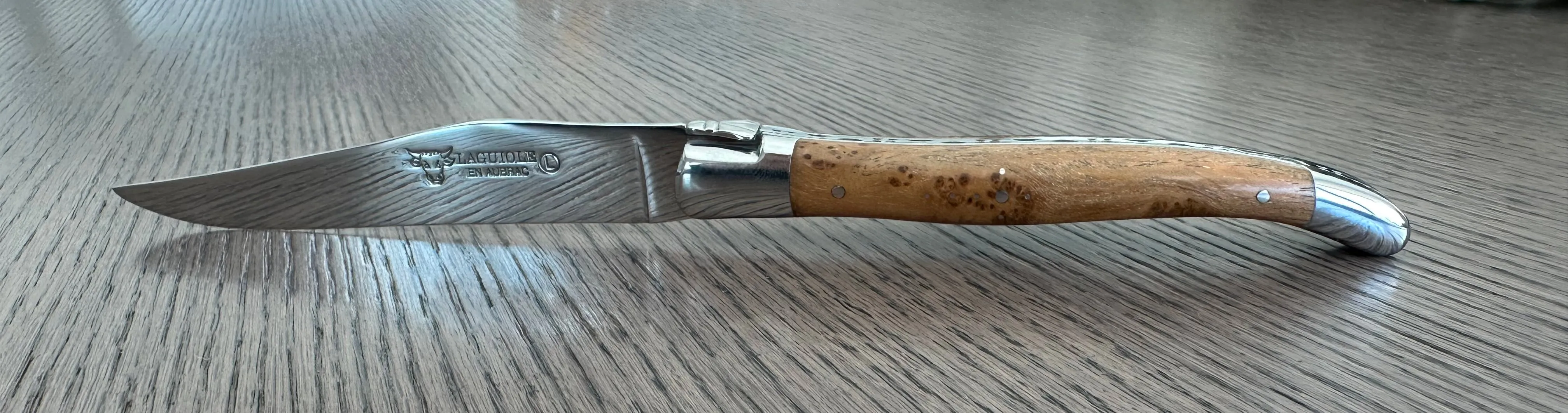 Laguiole en Aubrac Handcrafted 6-Piece Steak Knife Set with Teak Wood Handles, Polished Bolsters