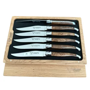 Laguiole en Aubrac Handcrafted 6-Piece Steak Knife Set with Teak Wood Handles, Polished Bolsters