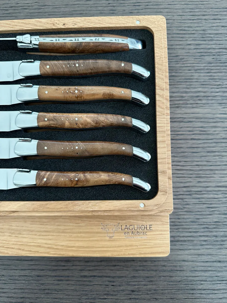 Laguiole en Aubrac Handcrafted 6-Piece Steak Knife Set with Teak Wood Handles, Polished Bolsters