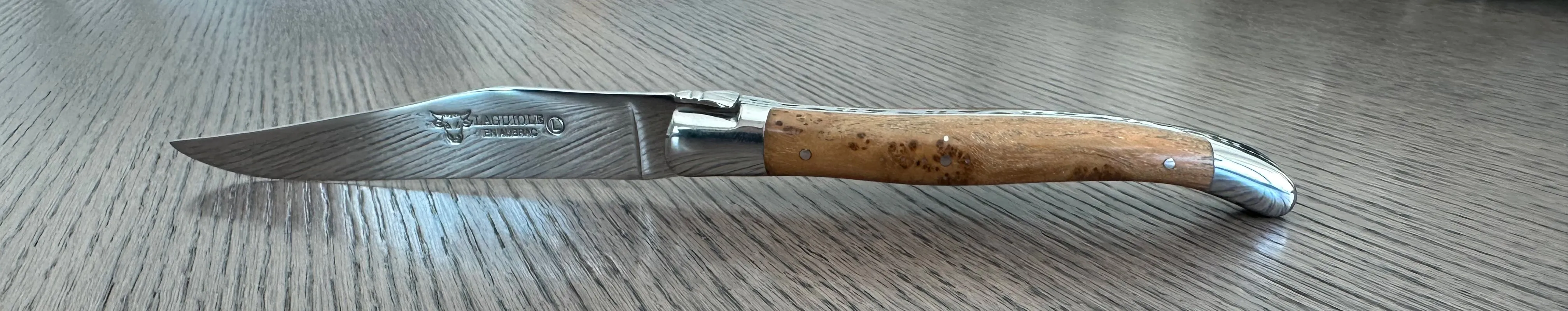 Laguiole en Aubrac Handcrafted 6-Piece Steak Knife Set with Teak Wood Handles, Polished Bolsters