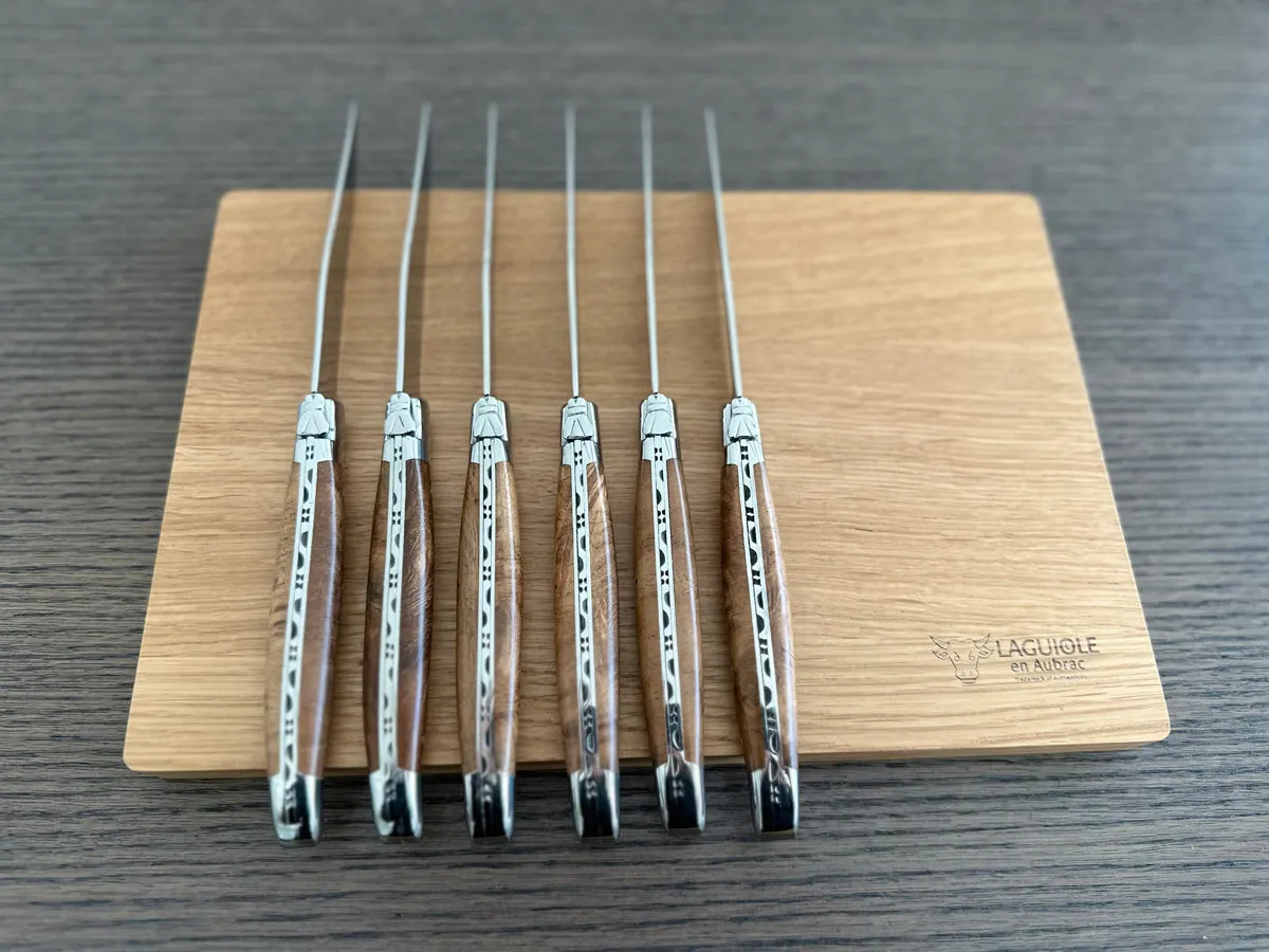Laguiole en Aubrac Handcrafted 6-Piece Steak Knife Set with Teak Wood Handles, Polished Bolsters