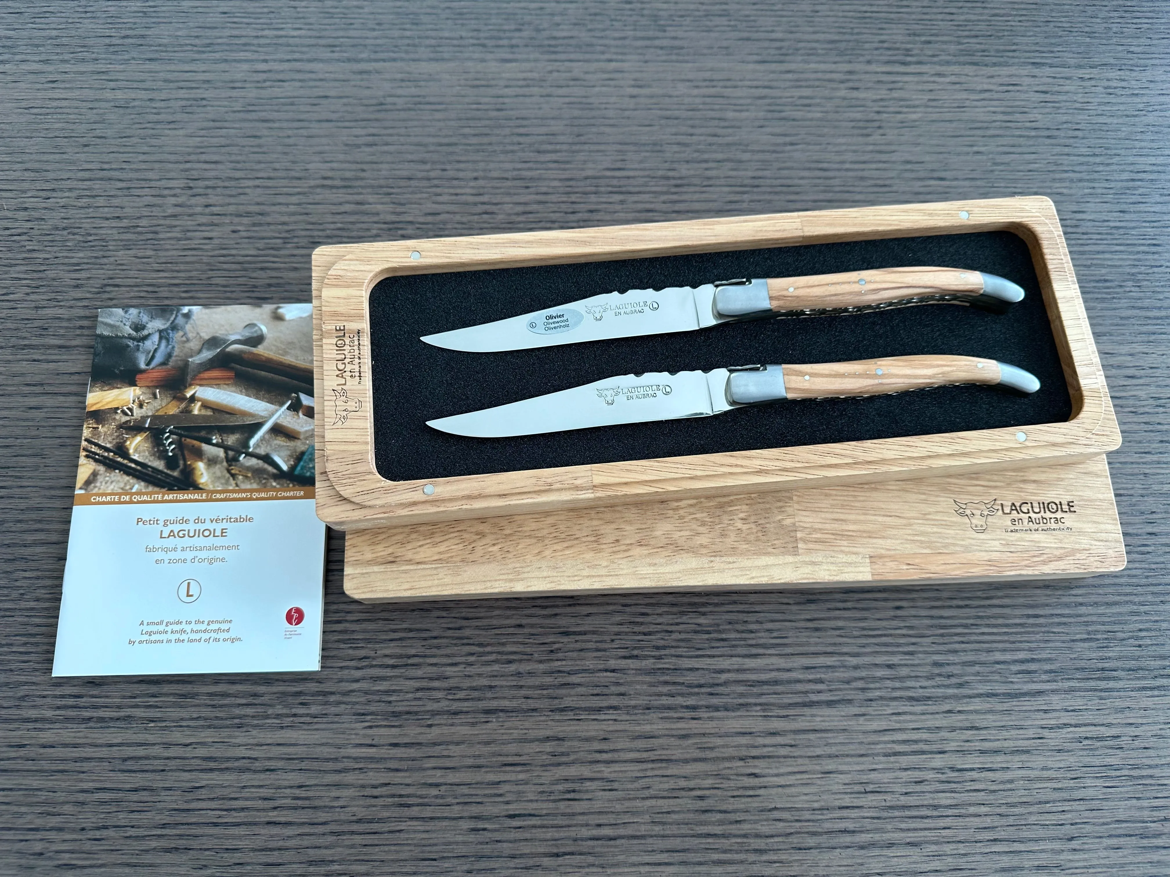 Laguiole en Aubrac Luxury Handcrafted Stainless Steel & Brass Double Plate 2-Piece Steak Knife Set with Olive Wood Handles