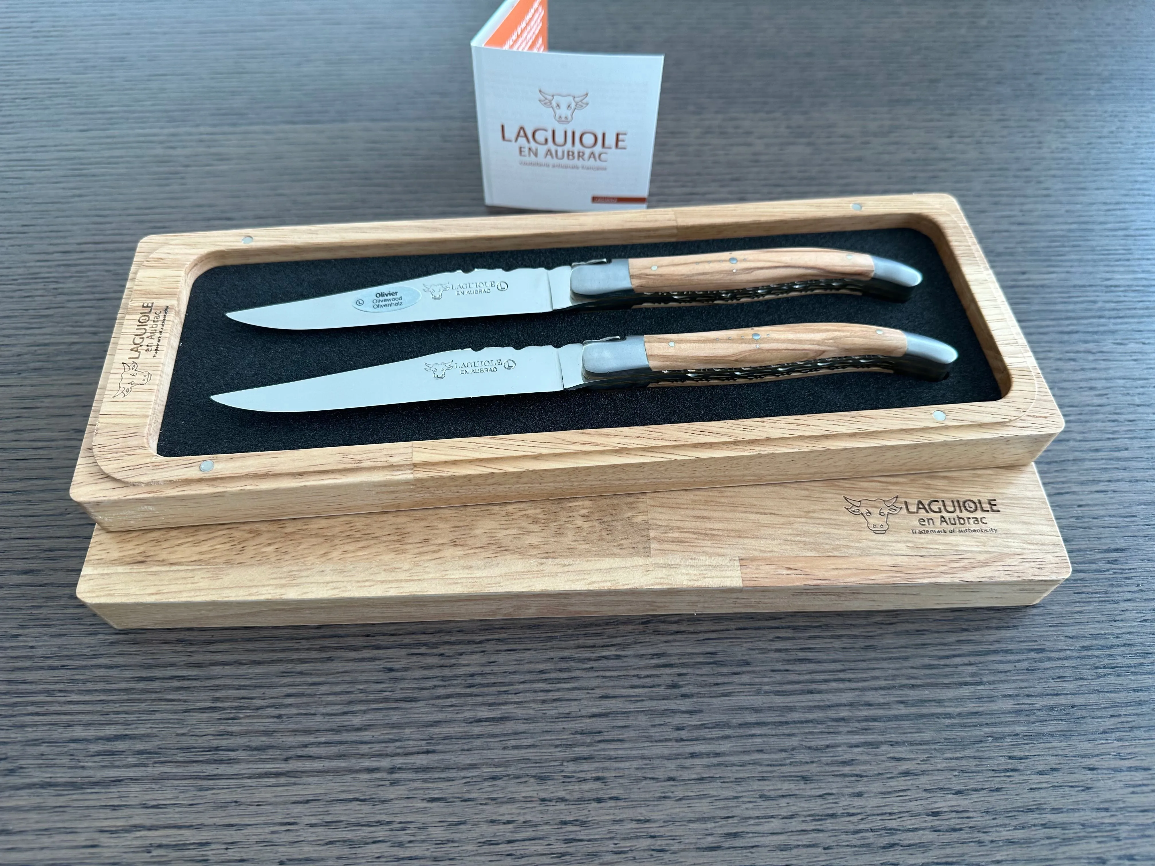 Laguiole en Aubrac Luxury Handcrafted Stainless Steel & Brass Double Plate 2-Piece Steak Knife Set with Olive Wood Handles