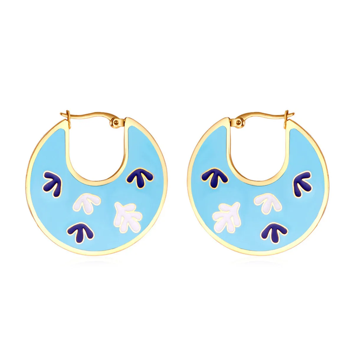 Lake Blue Enamel & 18K Gold-Plated Leaf Hoop Earrings