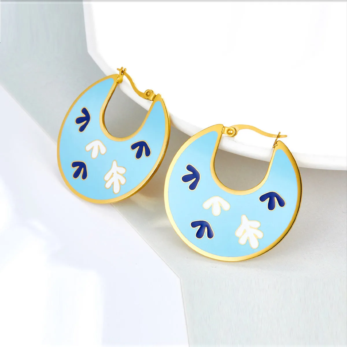 Lake Blue Enamel & 18K Gold-Plated Leaf Hoop Earrings