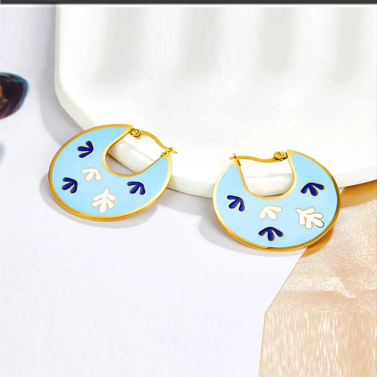 Lake Blue Enamel & 18K Gold-Plated Leaf Hoop Earrings