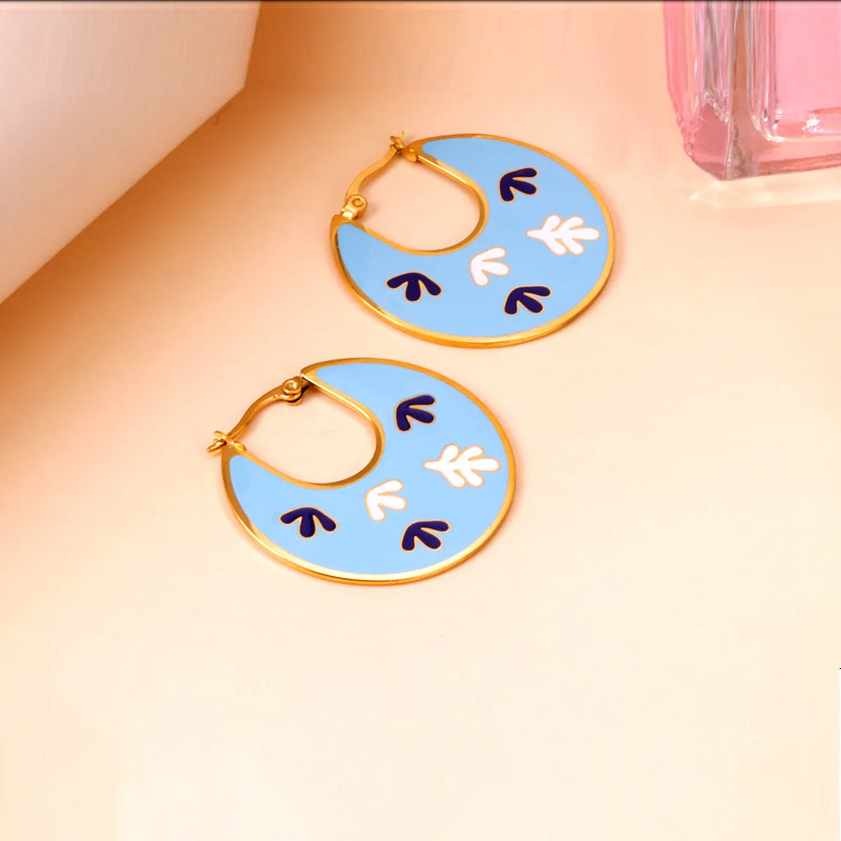 Lake Blue Enamel & 18K Gold-Plated Leaf Hoop Earrings