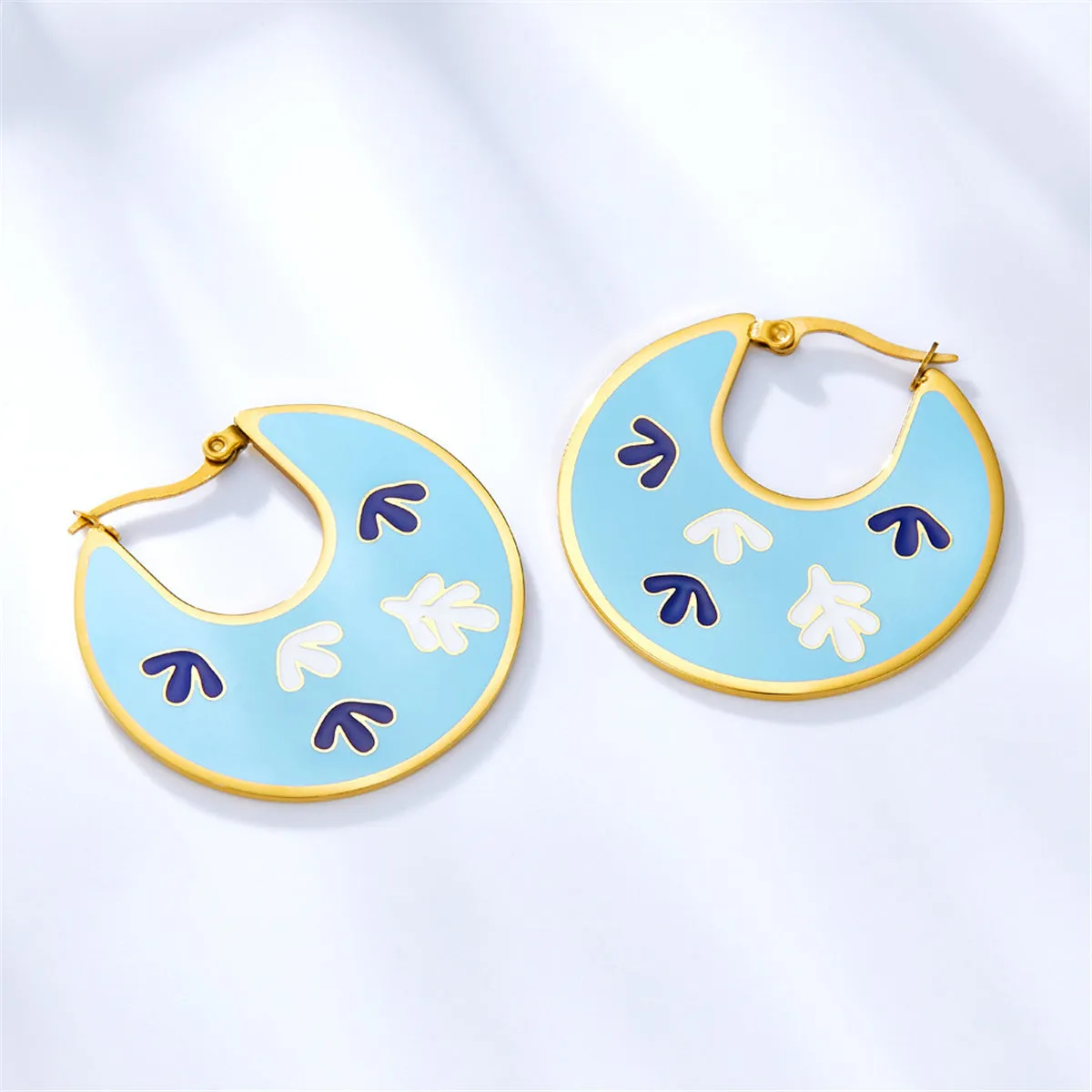 Lake Blue Enamel & 18K Gold-Plated Leaf Hoop Earrings