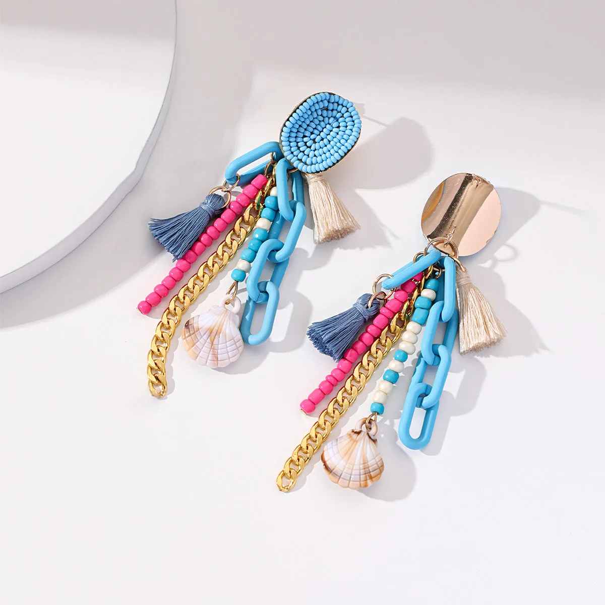 Lake Blue Polyster & Howlite Shell-Accent Tassel Drop Earrings