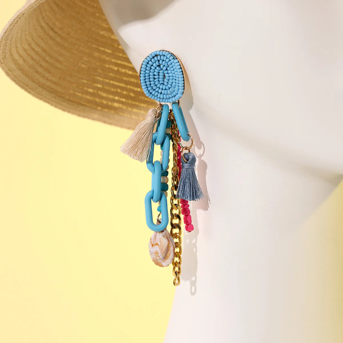 Lake Blue Polyster & Howlite Shell-Accent Tassel Drop Earrings