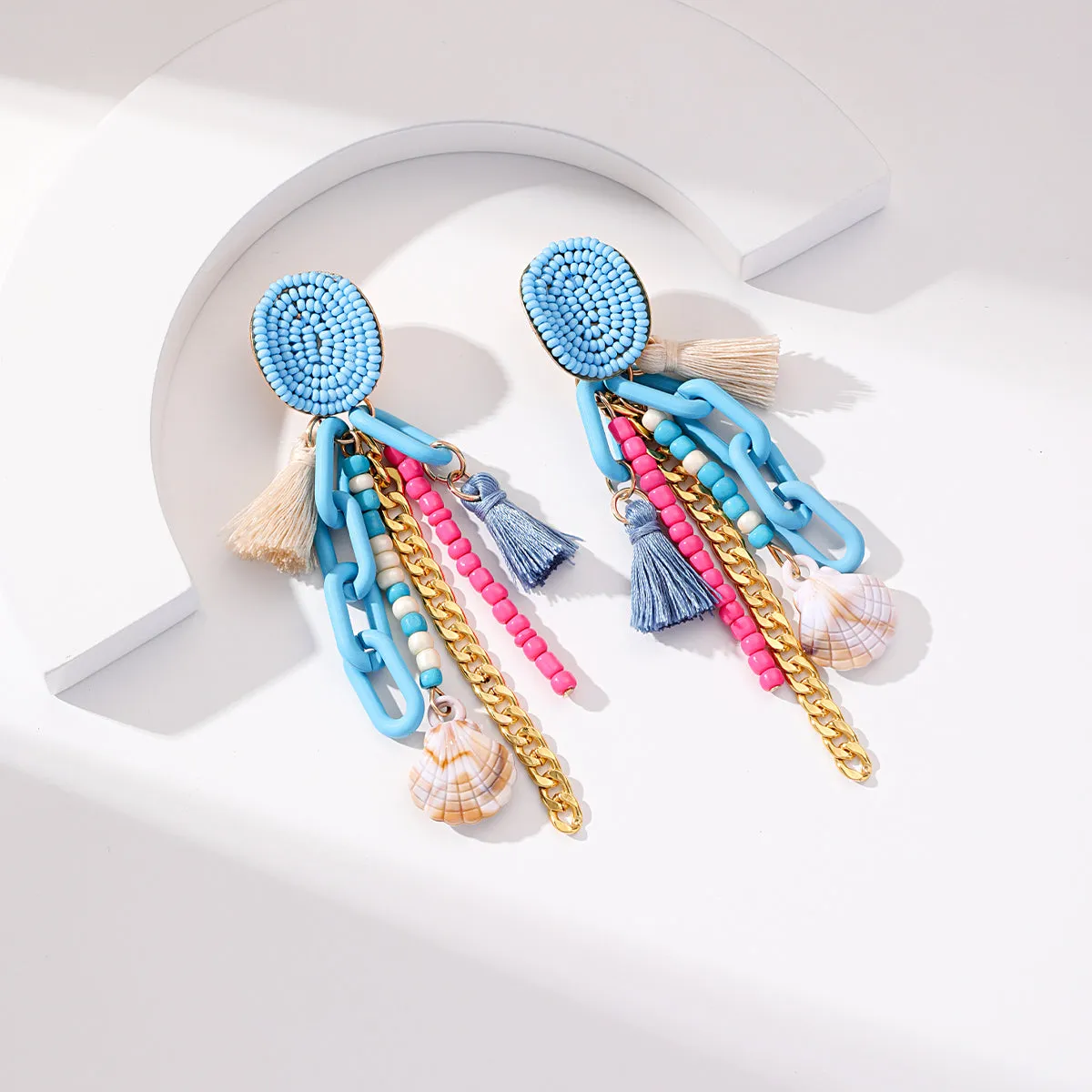 Lake Blue Polyster & Howlite Shell-Accent Tassel Drop Earrings