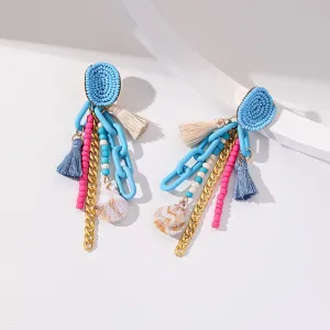 Lake Blue Polyster & Howlite Shell-Accent Tassel Drop Earrings