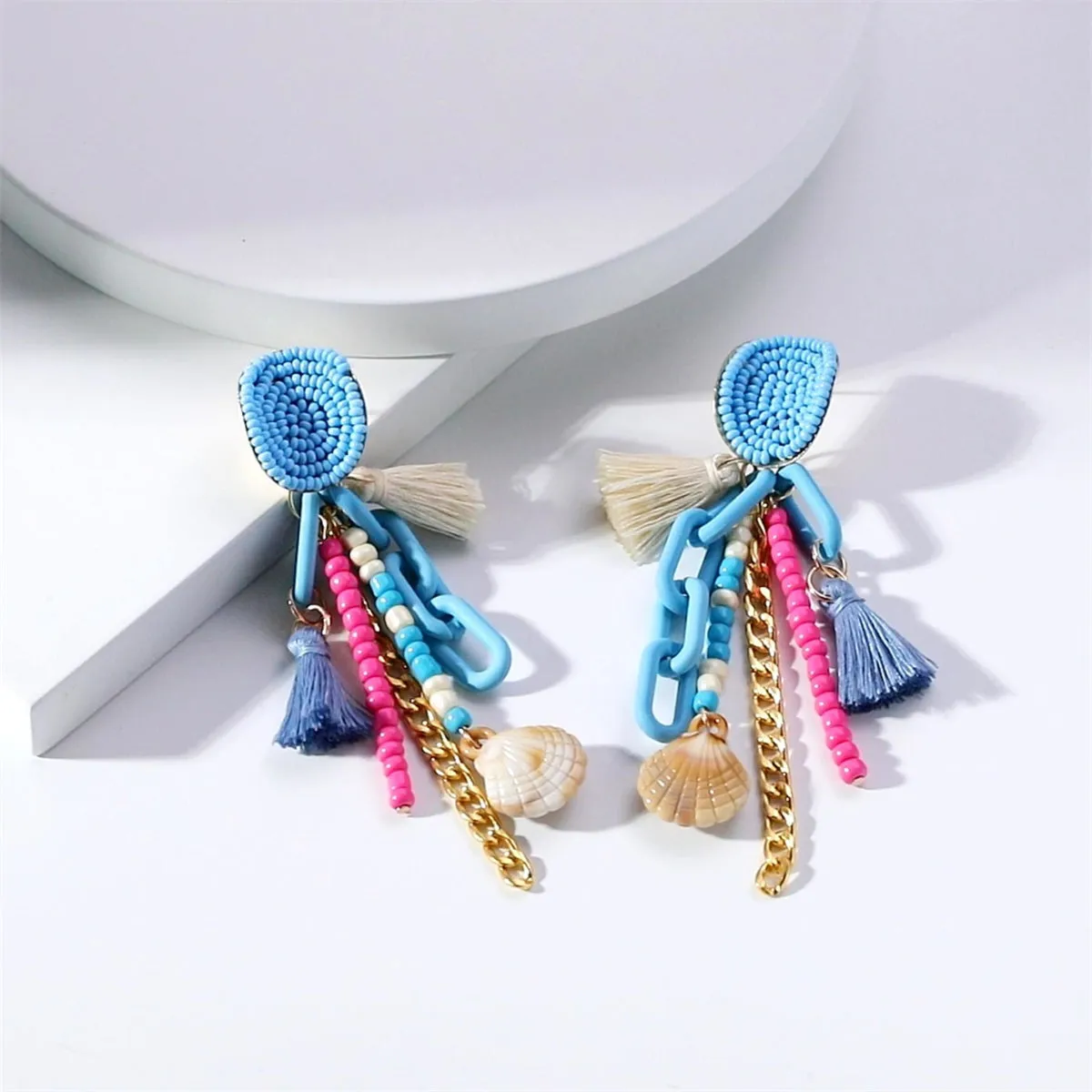 Lake Blue Polyster & Howlite Shell-Accent Tassel Drop Earrings