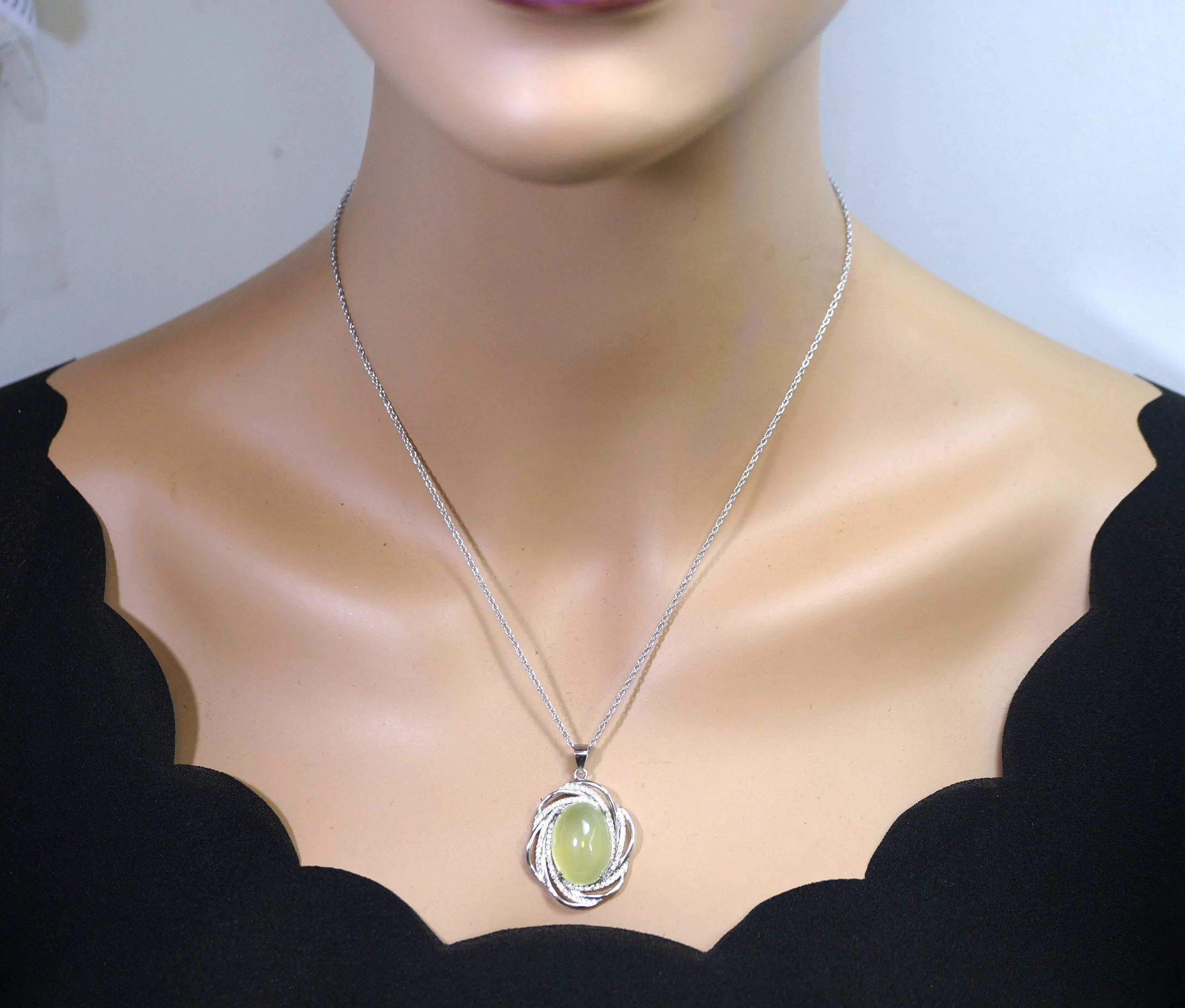 Large Prehnite Necklace Full Sterling Silver Green Gemstone Heart Chakra Healing Prehnite Pendant