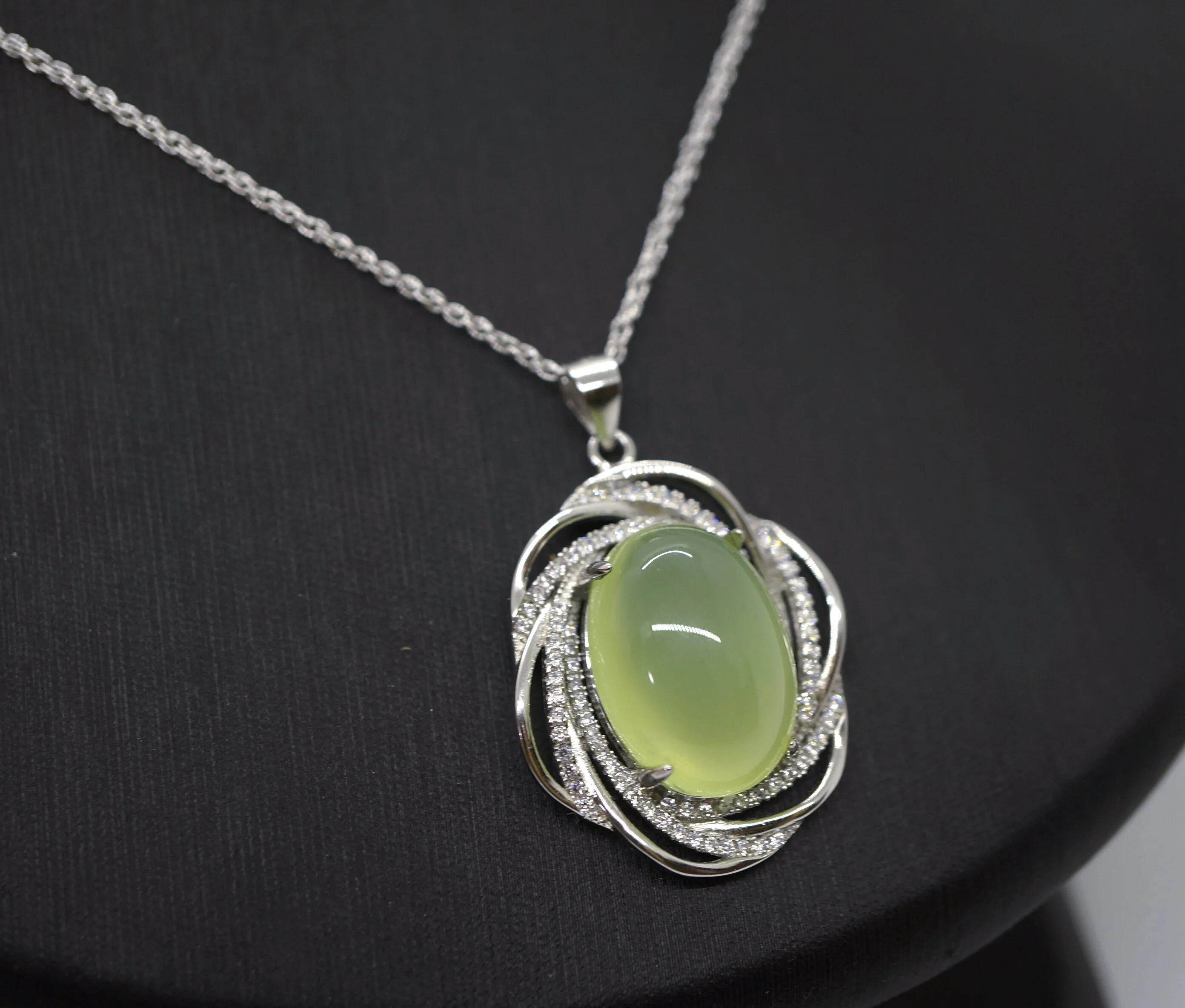Large Prehnite Necklace Full Sterling Silver Green Gemstone Heart Chakra Healing Prehnite Pendant