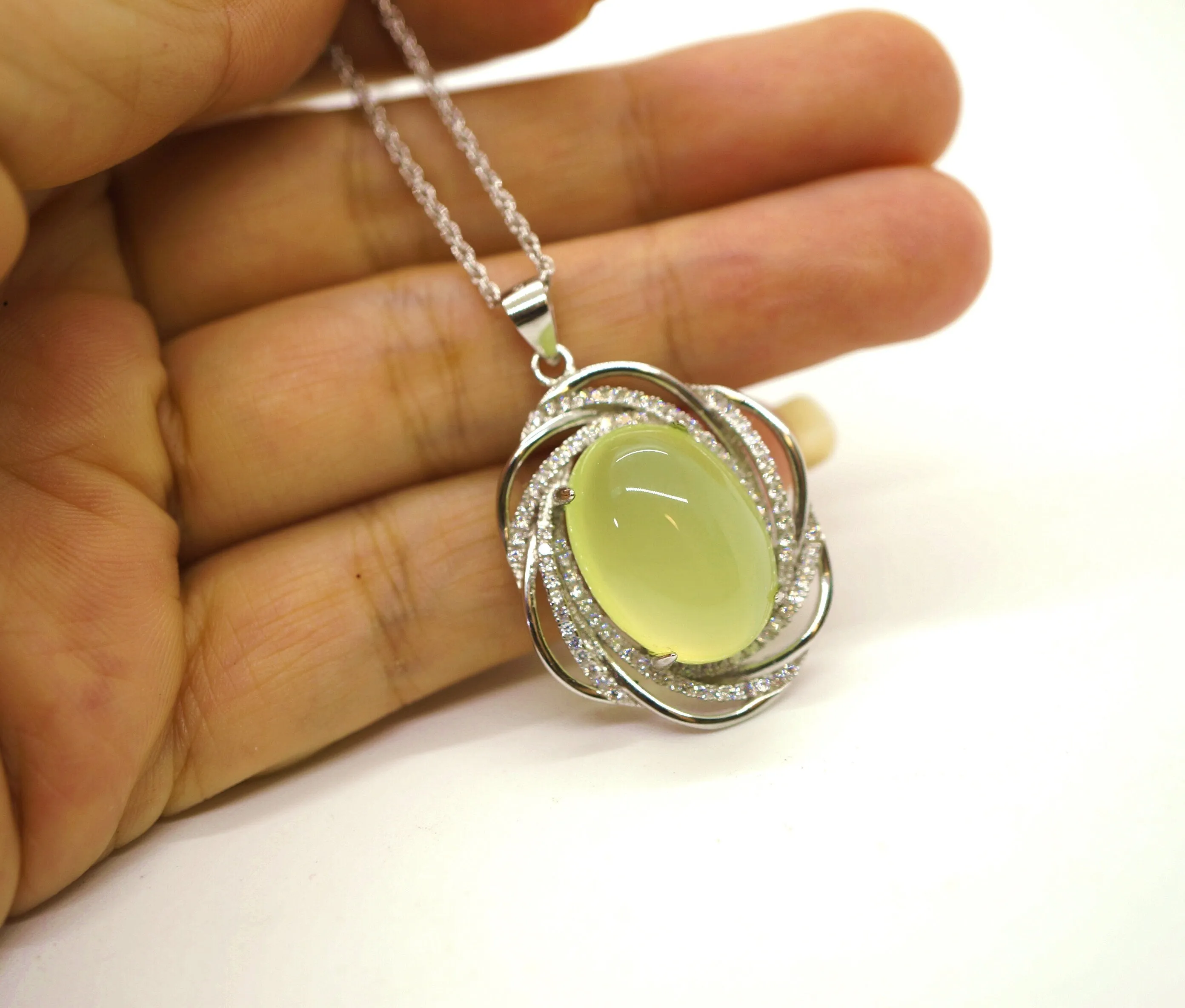 Large Prehnite Necklace Full Sterling Silver Green Gemstone Heart Chakra Healing Prehnite Pendant