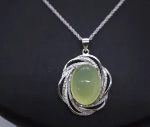 Large Prehnite Necklace Full Sterling Silver Green Gemstone Heart Chakra Healing Prehnite Pendant