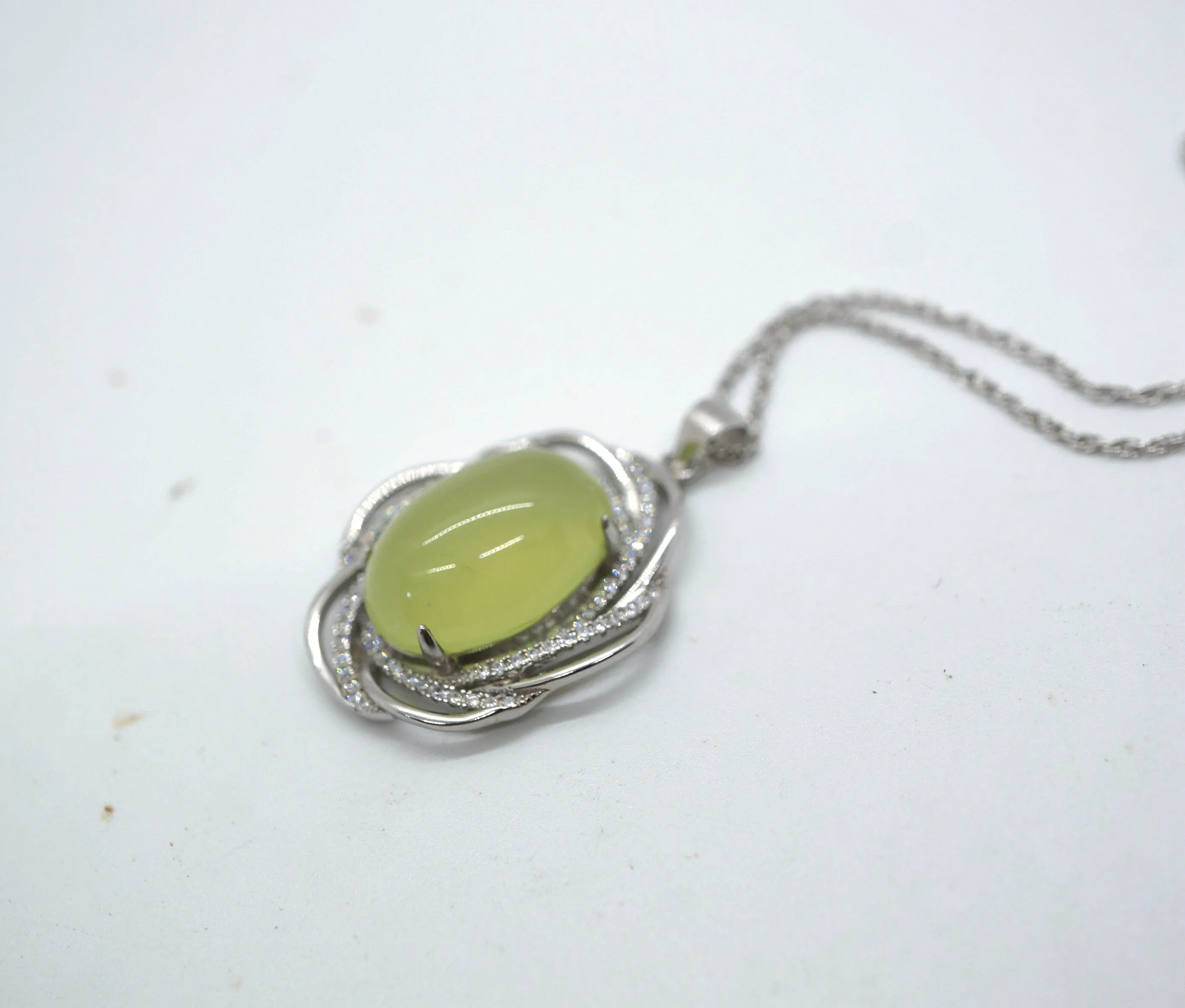 Large Prehnite Necklace Full Sterling Silver Green Gemstone Heart Chakra Healing Prehnite Pendant