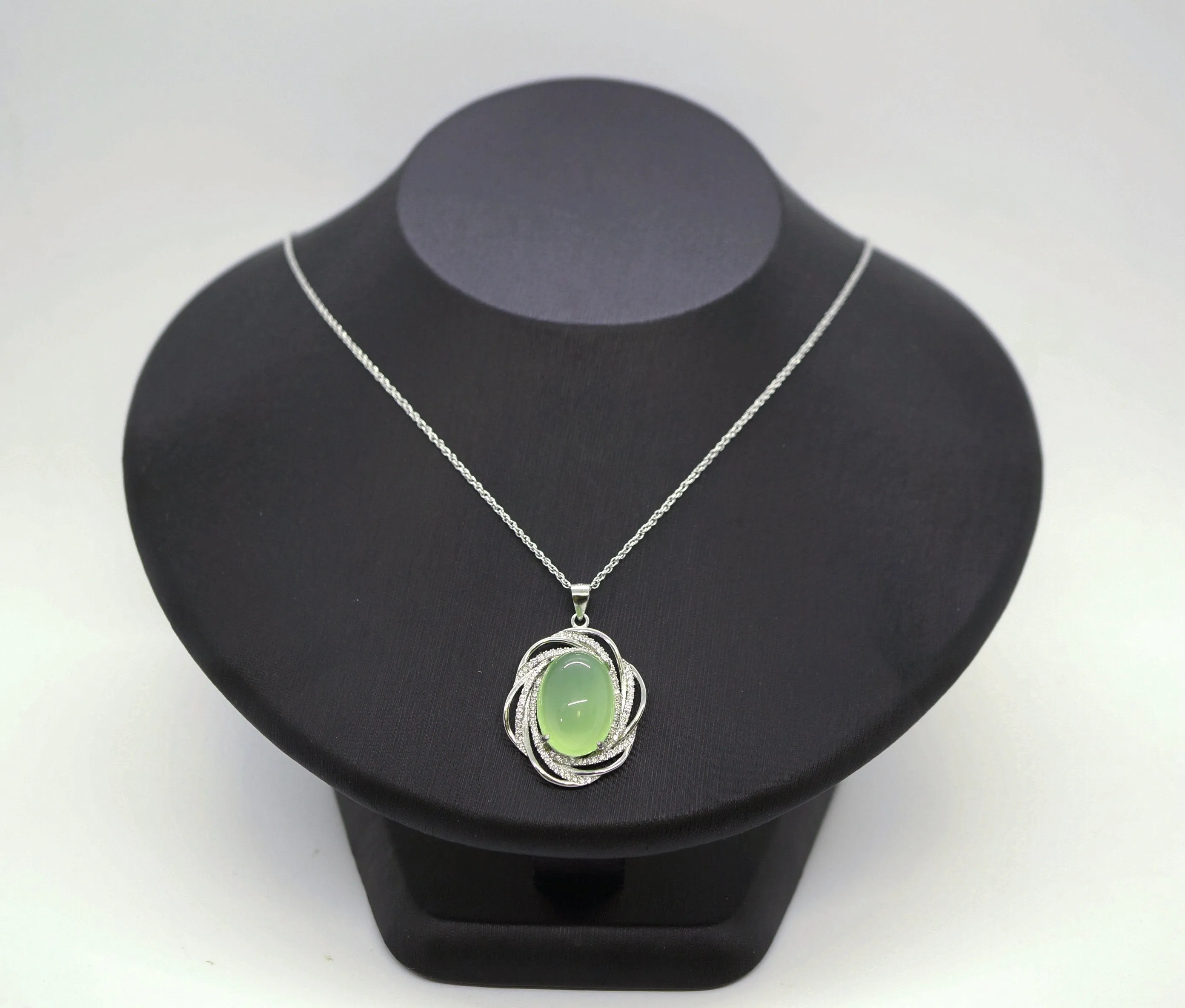 Large Prehnite Necklace Full Sterling Silver Green Gemstone Heart Chakra Healing Prehnite Pendant