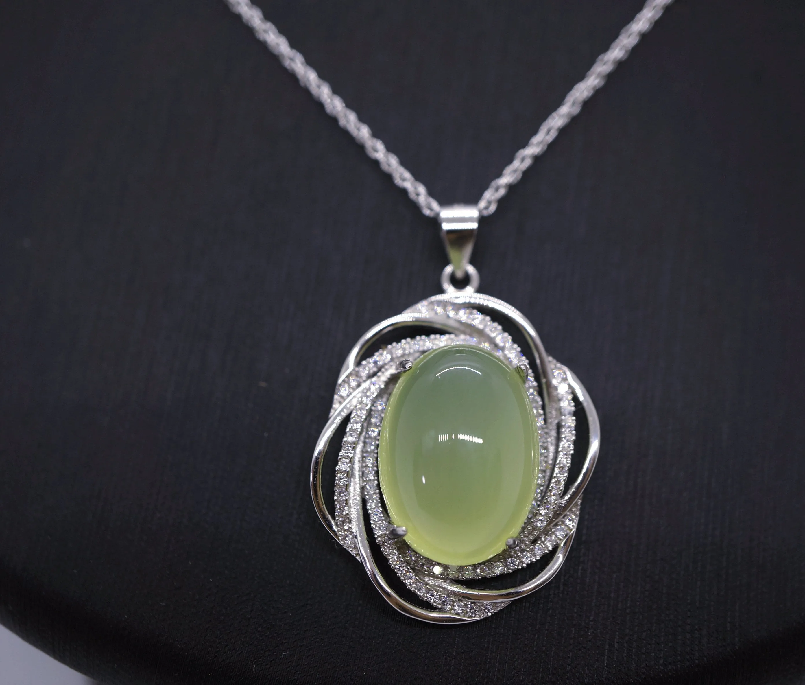 Large Prehnite Necklace Full Sterling Silver Green Gemstone Heart Chakra Healing Prehnite Pendant
