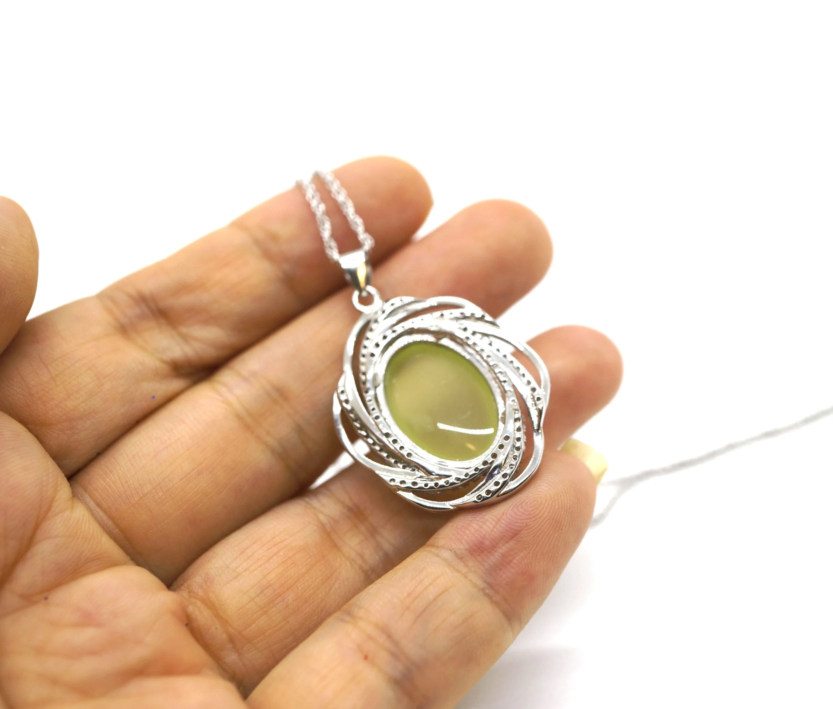 Large Prehnite Necklace Full Sterling Silver Green Gemstone Heart Chakra Healing Prehnite Pendant