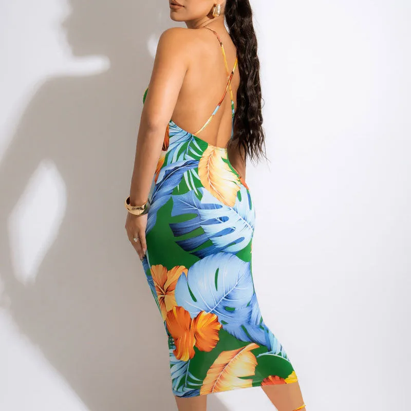 Leaf Print Spaghetti Strap Midi Dress