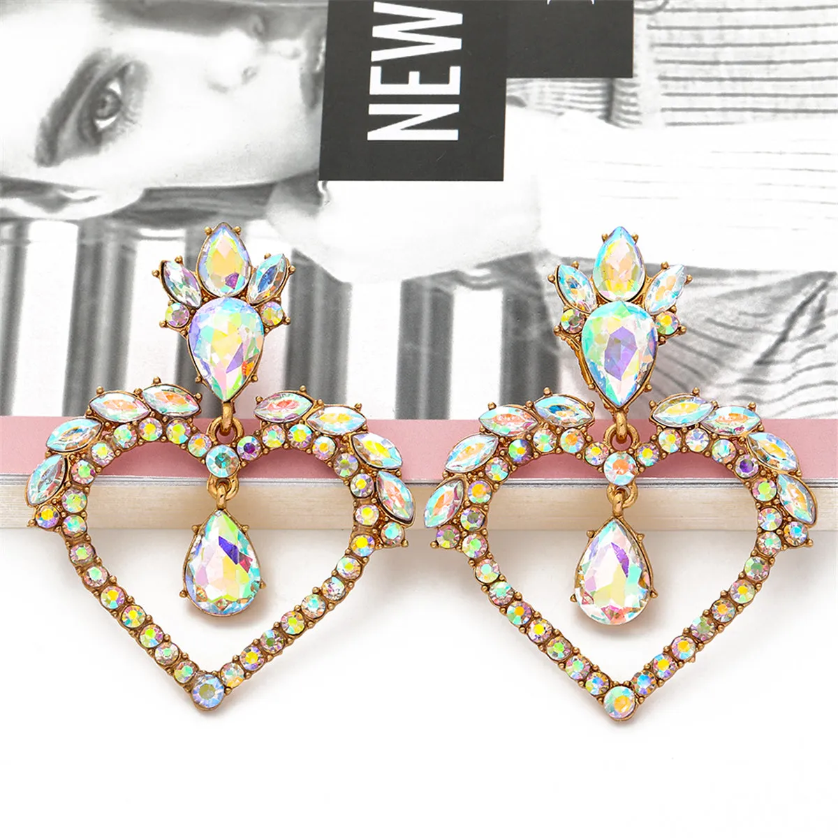 Light Colored Crystal & Cubic Zirconia Heart Drop Earrings