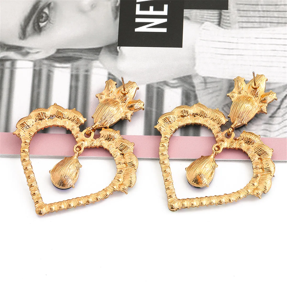 Light Colored Crystal & Cubic Zirconia Heart Drop Earrings