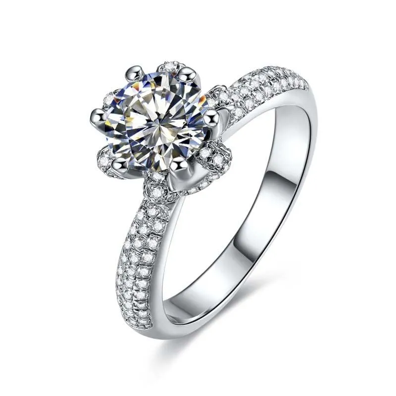 Lotus Flower Round Moissanite Engagement Ring in 18k White Gold