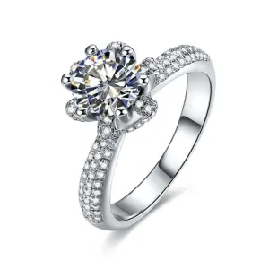 Lotus Flower Round Moissanite Engagement Ring in 18k White Gold