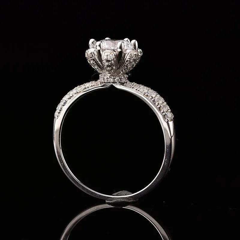 Lotus Flower Round Moissanite Engagement Ring in 18k White Gold