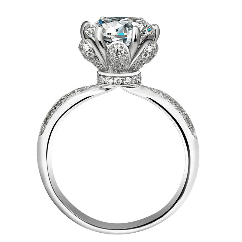 Lotus Flower Round Moissanite Engagement Ring in 18k White Gold