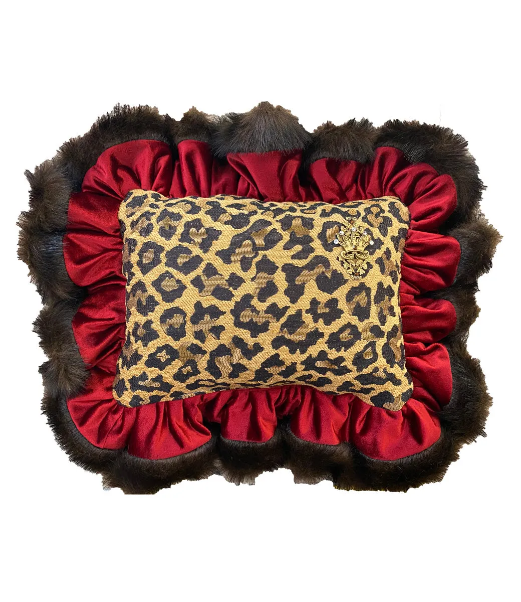 Luxury Accent Pillow Leopard Chenille and Red Velvet